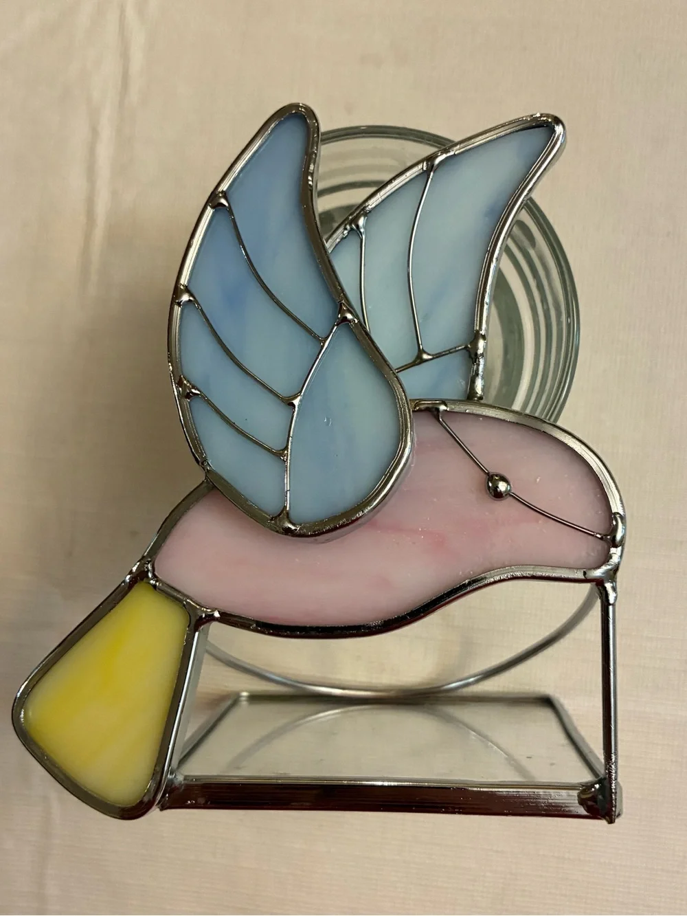 Stained Glass Bird Tealight Holder in Pink and Light Blue
